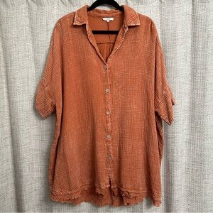 Easel Mineral Wash Button Up Tunic Top Dress Orange Rust Size Small Earthy Boho